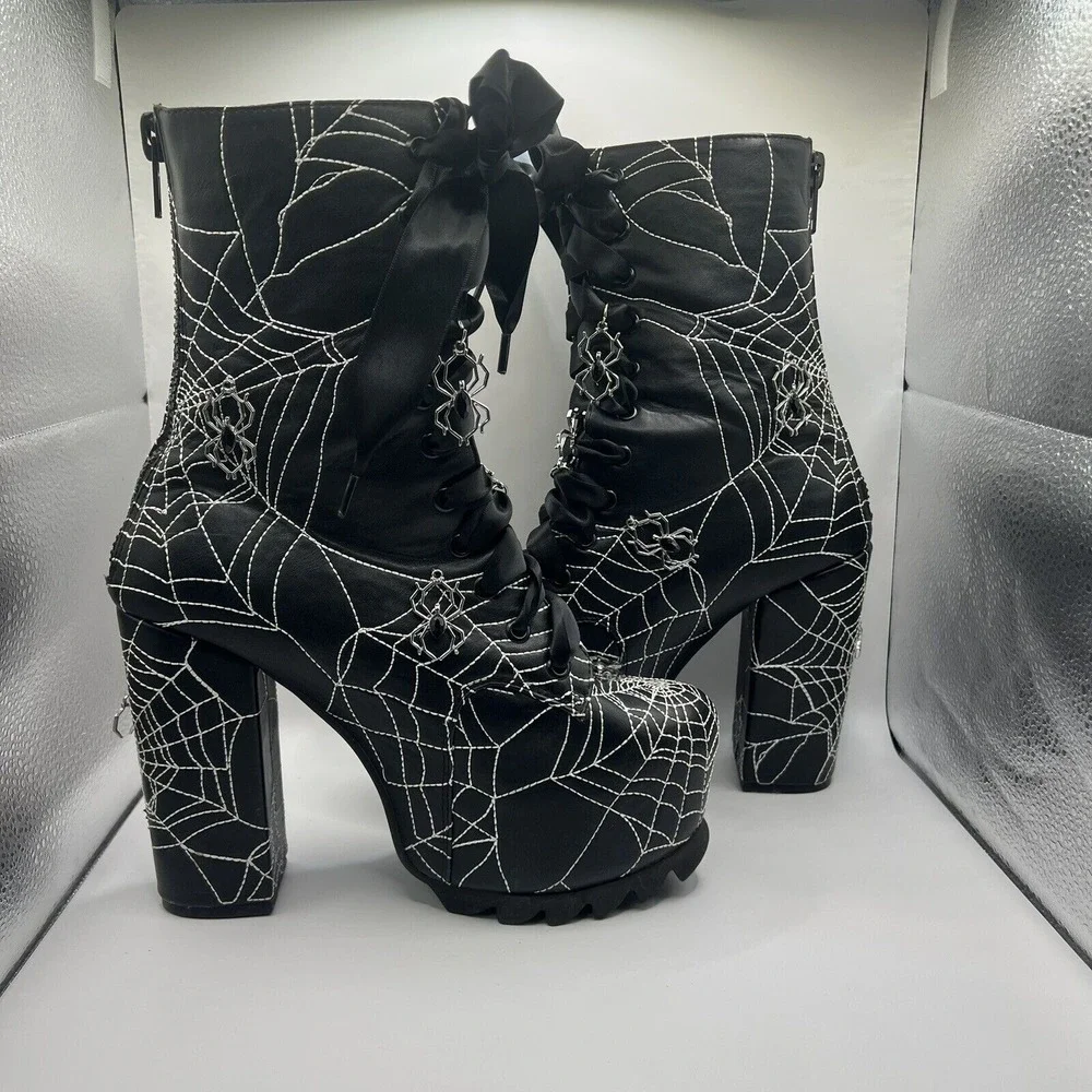 Dolls Kill Black Spiderweb Platform Lace-Up Boots
